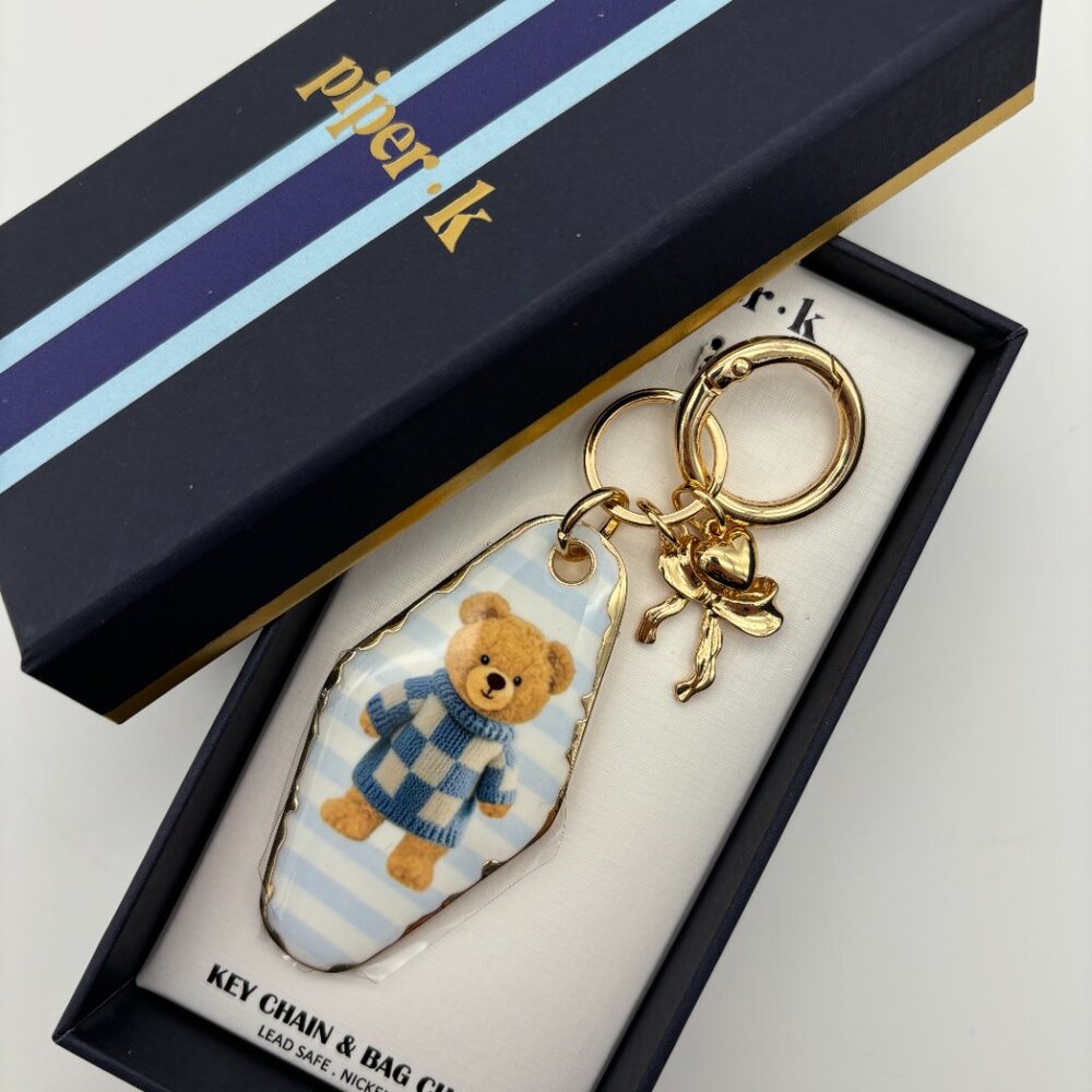 Piper K Gold Striped Teddy Bear Bow Purse Bag Charm & Key Chain Viral TikTok NIB